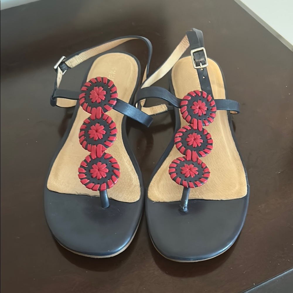 Jack Rogers Black and Red Sandals with Floral Design
